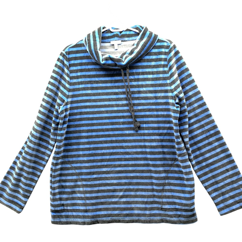 NWT Talbots Striped Cowl Neck Pullover Sweatshirt Blue Gray Fleece Top Size M